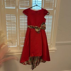Beautiful red dress with shimmery gold and green detail on the bow